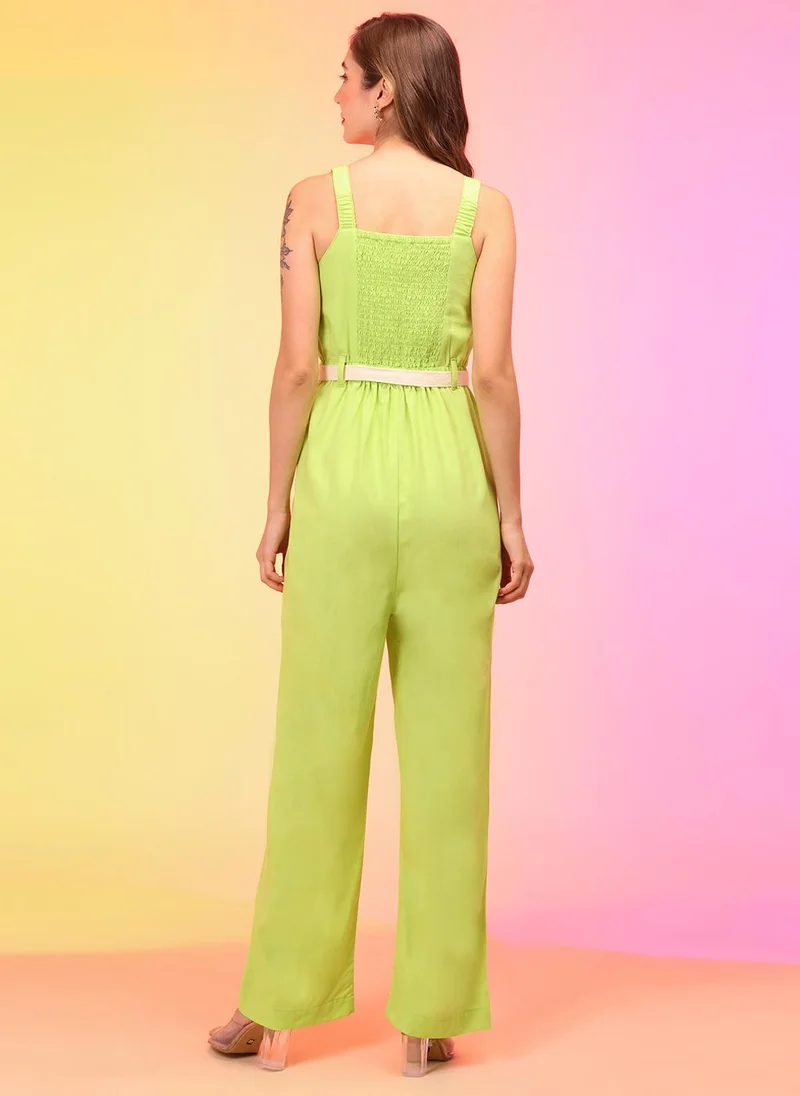 globus Lime Green Globus Women Sweetheart Neck Shoulder Straps Smocked Waist Tie-Ups Jumpsuit for Women | Best Price UAE